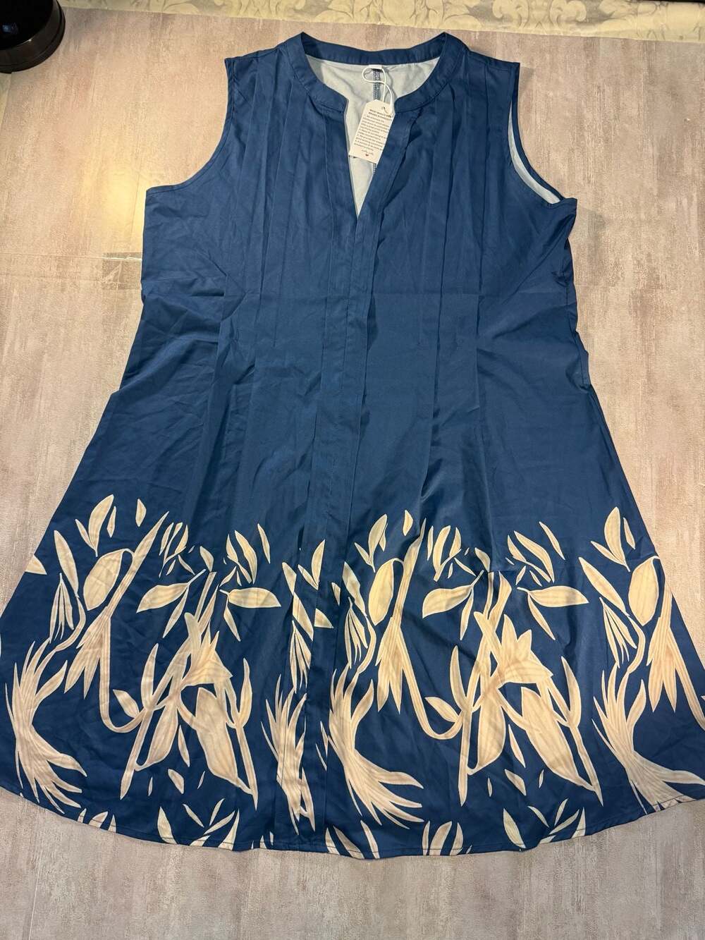 Made With Love Navy Blue Botanical Border Print Pleated V-Neck Dress Size XL